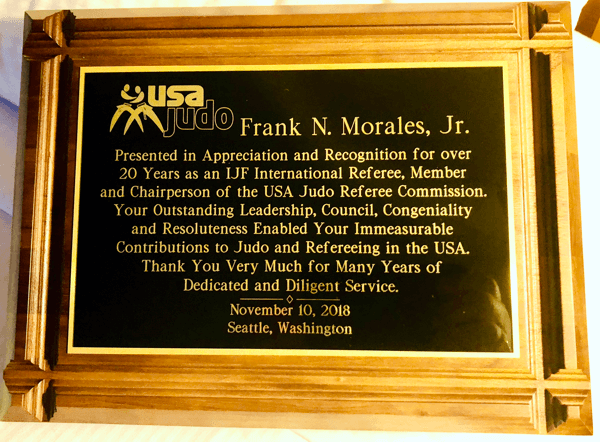 The plaque presented to Frank Morales