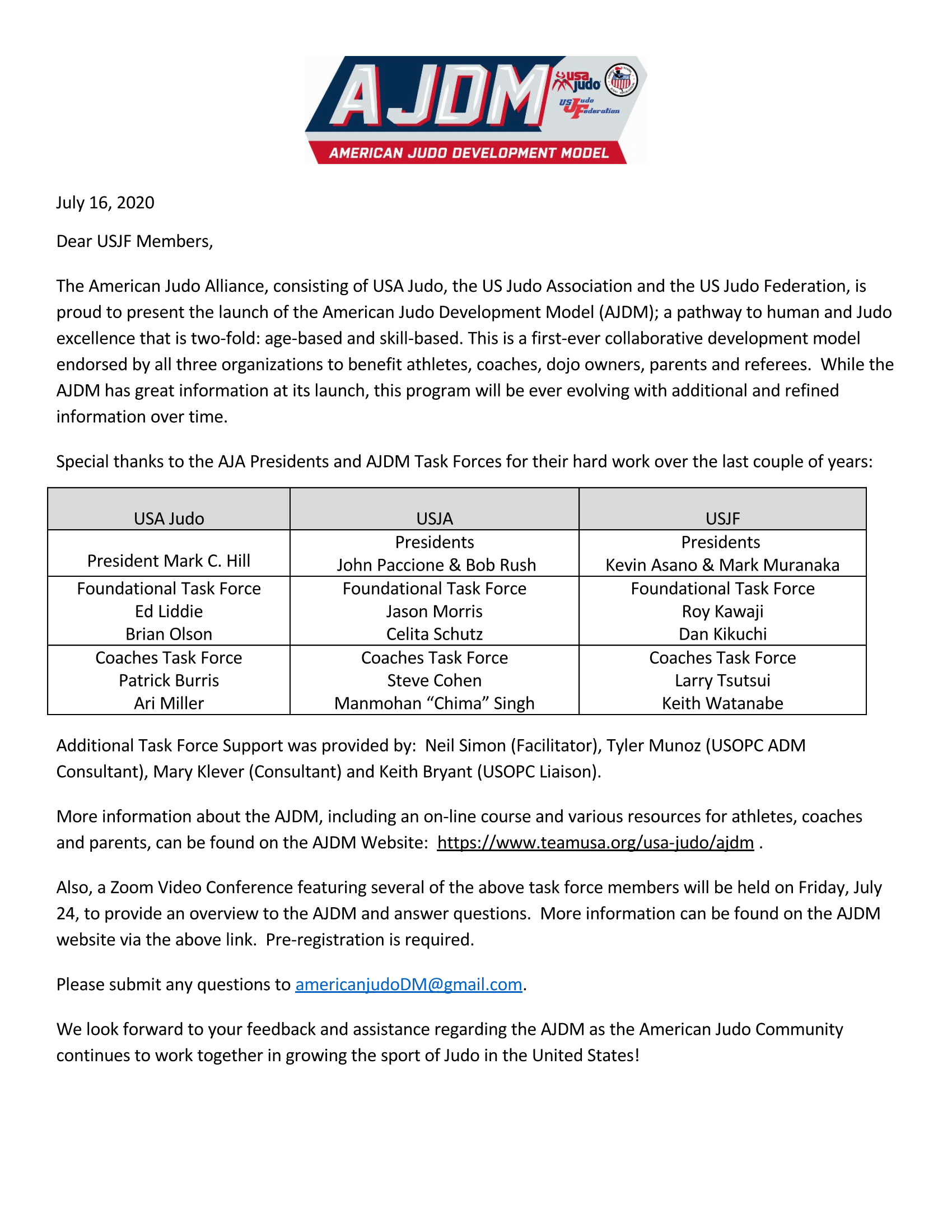 AJDM Letter to Members