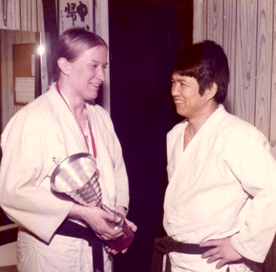 Maureen Braziel and Sensei Shiina with first place trophy from the Swiss Open (Coupe Tet) 1975