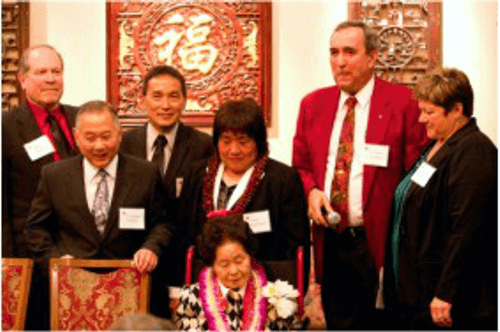 Neil Simon, Vaughn Imada, Cal Kituara, Eiko Shepherd, Bob Brink and Corrine Shigamoto at Ms. Fukuda 10 Degree Celebration