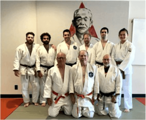 Shojin Black Belt Promotion – Top Row: Alex Gaydayenko, Simon Anton, Miguel Saez, Chris Reid, Nick Kovach, Haley Bebee (uki) Bottom Row were Examiners Don Flagg, Neil Simon, Dave Wertheimer