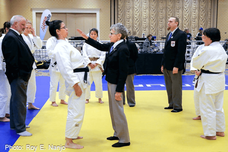 Fran assisting with kata clinic at Senior Nationals