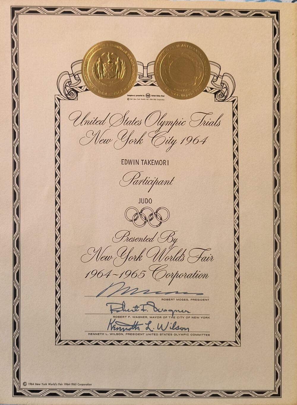 1964 Olympic Trials Certificate