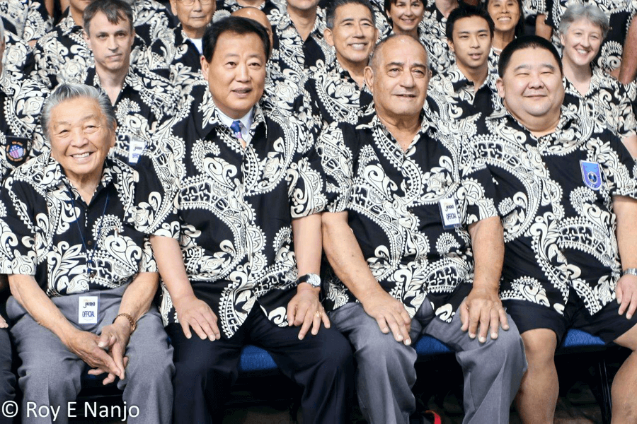 front row: James Takemori, Kwijoon Chi, Frank Morales, Robert Fukuda 2nd row: Michael Hiatt, Roy Uemura, Bryce Oishi, Barbara Shimizu 3rd row: Akio Yokoyama, Joan Miller, Rose Knudsen